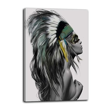 Urttiiyy Indian Girl Chief Native American Canvas Wall Art Feathered Women Prints Gifts Home Decor Decals For Bedroom Posters Pictures Paintings