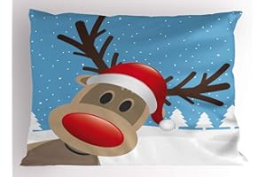 Ambesonne Christmas Pillow Sham, Reindeer Rudolph with Red Nose and Santa Claus Hat Snowy Forest, Decorative Standard Size Printed Pillowcase, 26" X 20", Pale Blue Red Pale Brown