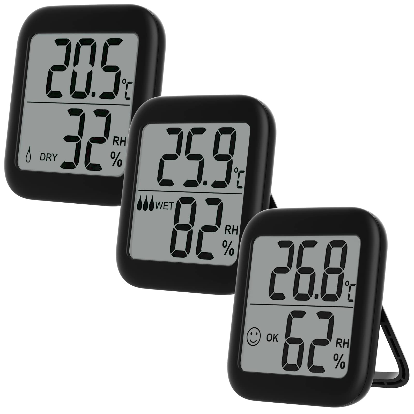 VICKSONGS 3pcs Outdoor Indoor Thermometer Humidity Meter, Mini HD Digital Thermometer Hygrometer, [Stand & Magnetic] Room Thermometer Hygrometer Meter for Home, Office, Greenhouse