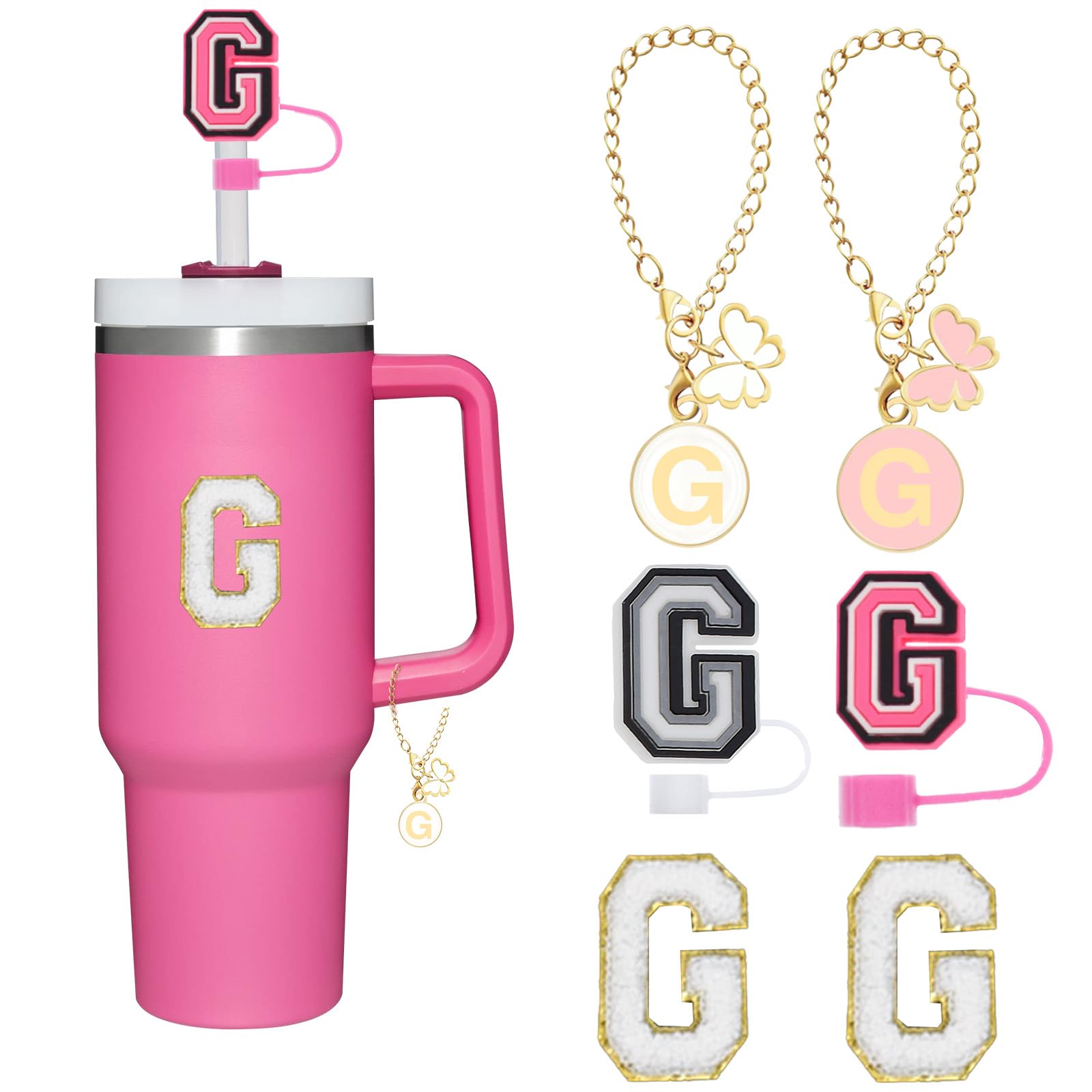 Reusable Straw Cover for Stanley Cup Accessories, 2Pcs Dustproof Straw Covers with Letter Charms and Personalized Name Stickers (G)