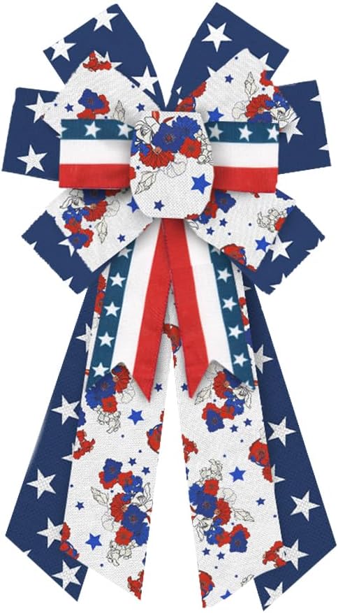 Bows & Ribbons - Large Patriotic Wreath Bows Labor Day Decor Bows for Wreath Blue White Red Flowers Stars Burlap Bows for Veterans Day Independence Day Front Door Indoor Outdoor Tree Topper Decoration Supplies