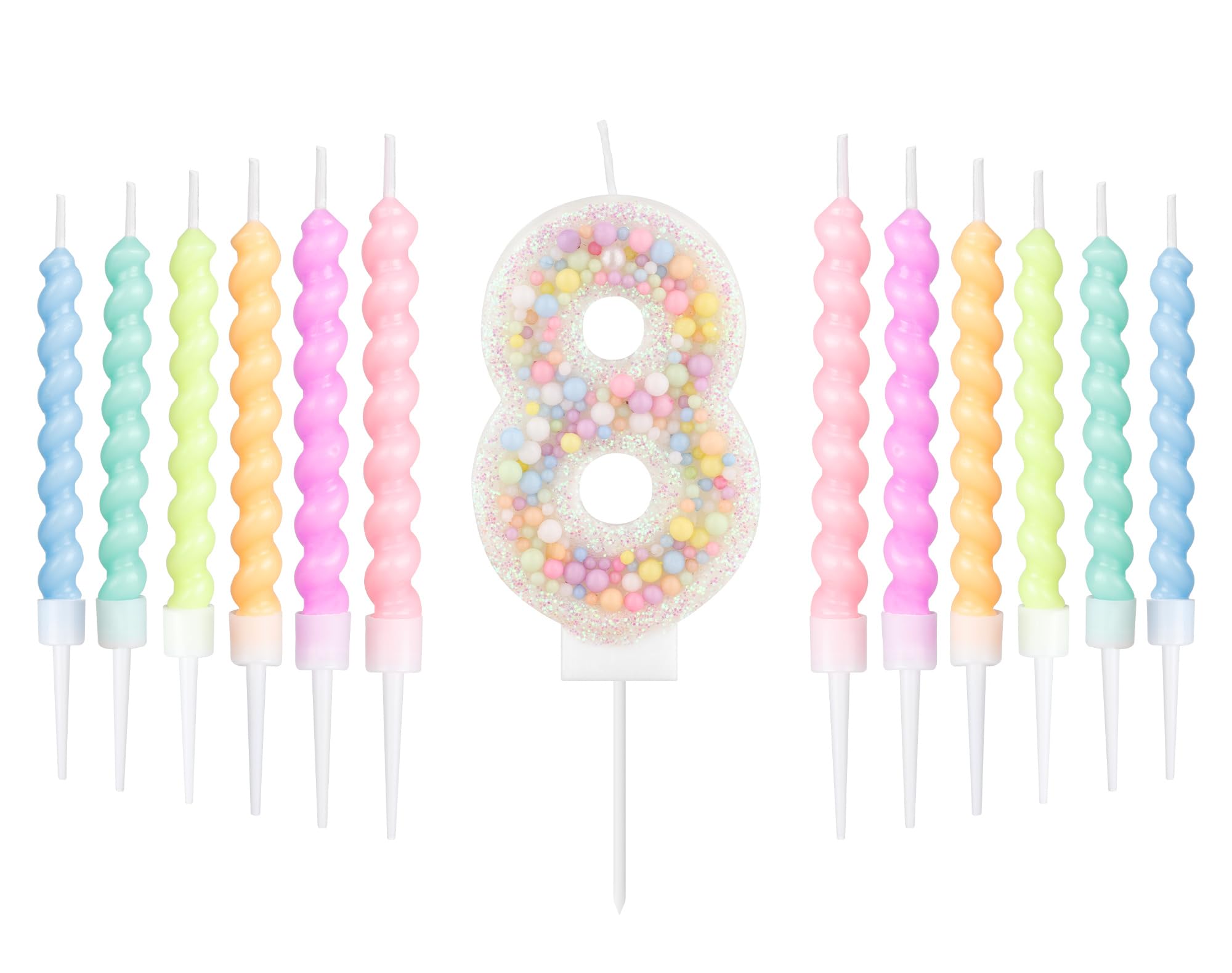 White Macaron 8th Birthday Candles Set, Girls Boy 8th Birthday Decorations,Number 8 Candle for Cake,12pcs Pastel Spiral Candles Rainbow Candle for Girl Boy Party Decoration,Baby Showers Supplies
