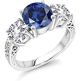 Gem Stone King 4.50 Cttw Blue Created Sapphire and White Created Sapphire 3-Stone Ring For Women | 925 Sterling Silver | Round 8MM and 6MM | Wedding Engagement Anniversary Promise Ring