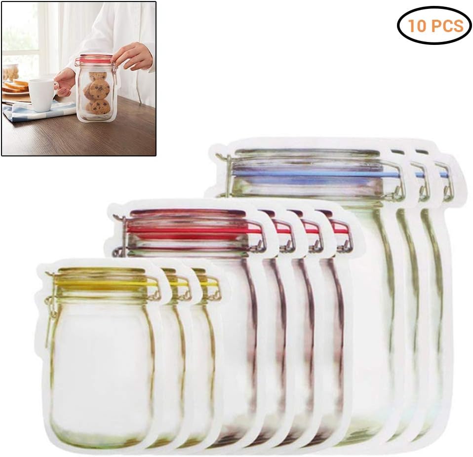 Urhomy Mason Jar Bottles Bags, 10PCS Reusable Food Saver Storage Bags Snacks Zipper Sealed Bags Fresh Leakproof Food Saver Bags