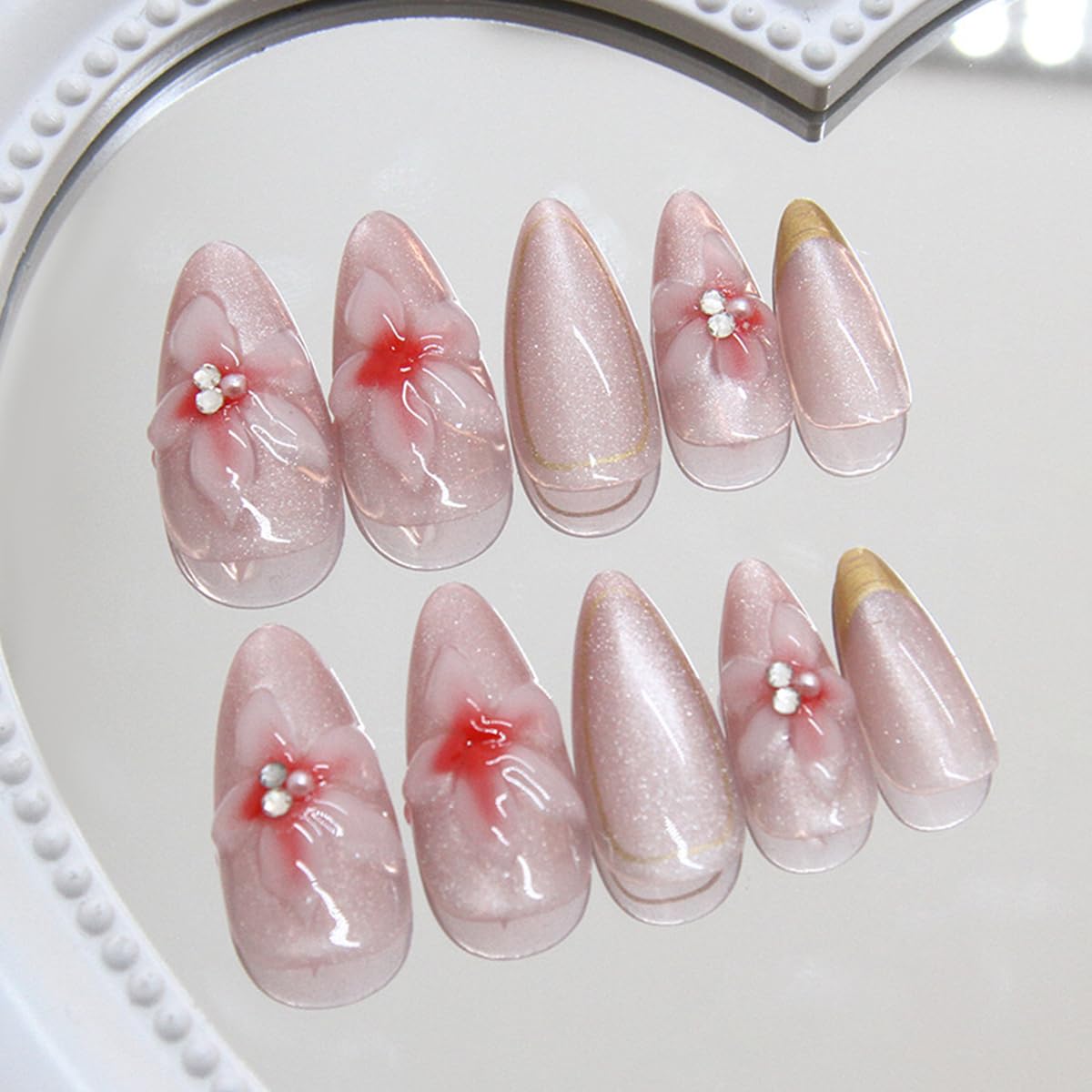24Pcs Gold French Tip Press on Nails Medium Almond Fake Nails Luxury 3D Flower False Nails with Rhinestones Designs Elegant Sparkly Acrylic Nails Full Cover Flowers Glue on Nails for Women Girls - Image 5