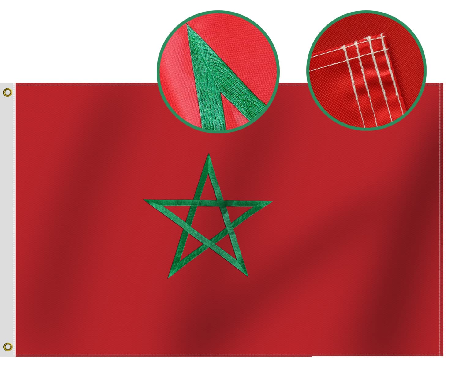Omnisexual Heavy Duty Morocco Flag 3x5 Ft Sewn Oxford Nylon 210D | Embroidered five-pointed linear star | Four Rows Stitching Fly Ends| Double Sided Moroccan Flags Decoration Gift Yard House Banner
