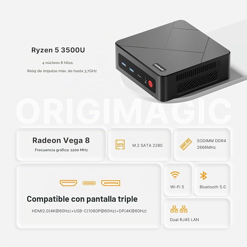 C4 Air Mini PC Light Gaming Ryzen 5 3500U(Beat N150, hasta 3.7GHz) 8 GB DDR4/256 GB SSD Mini Ordenador Triple Pantalla/Pre-OS 11 Pro/WiFi 5/BT5.0/Ethernet Dual,PC para Oficina/Juegos/hogar