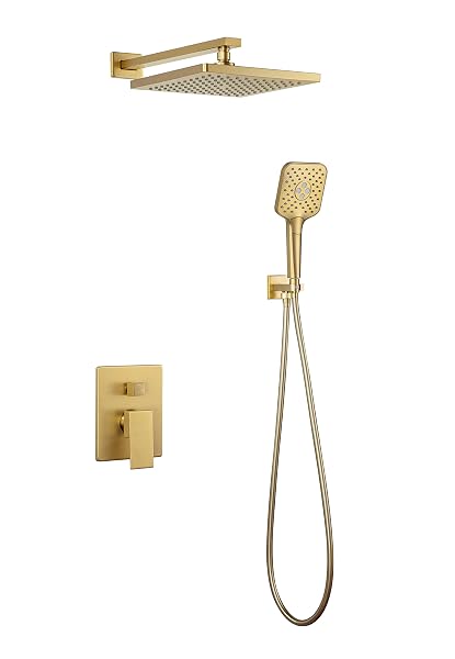 CASTA DIVA BRUSHED GOLD RAIN SHOWER HEAD SYSTEM WITH HANDHELD SPRAY COMBO, SHOWER DIVERTER AND BRASS VALVE TRIM KIT, FAUCET SET, WALL MOUNTED, SQUARE