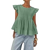 Csvinkiko Womens Summer Tops Babydoll Peplum Blouses Casual Ruffle Sleeve Round Neck Pleated A Line Shirts Tank Top