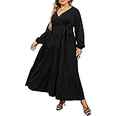 KOJOOIN Womens V Neck Wrap Maxi Dress High Waist Long Sleeves Ruffle Hem