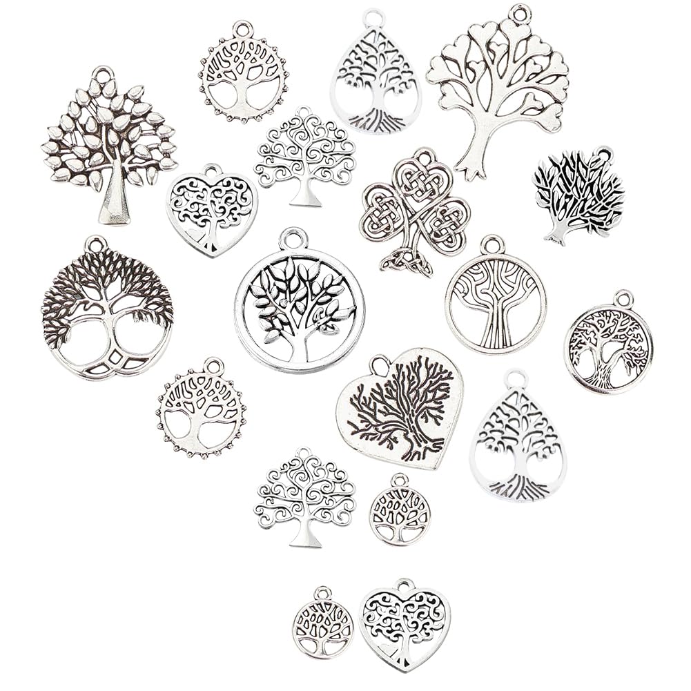 SUNNYCLUE 1 Box 56Pcs 14 Styles Tree of Life Charms Stainless Steel Pendant Tibetan Metal Flat Round Hollow Charms Tree-shaped Pendant for Crafting Bracelet Necklace Jewelry Findings
