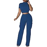 XZLUFNY Women's Summer 2 Piece Sets Short Sleeve Crop Top & Wide Leg Cargo Pants