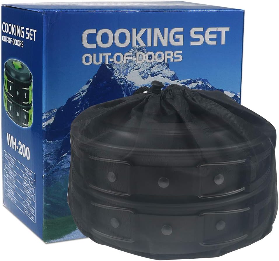 Suliper Camping Cookware Mess Kit Backpacking Gear & Hiking Outdoors Bug Out Bag Cooking Equipment Cookset | Lightweight, Compact, Durable Pot Pan Bowls - Free Folding Spork, Nylon Bag