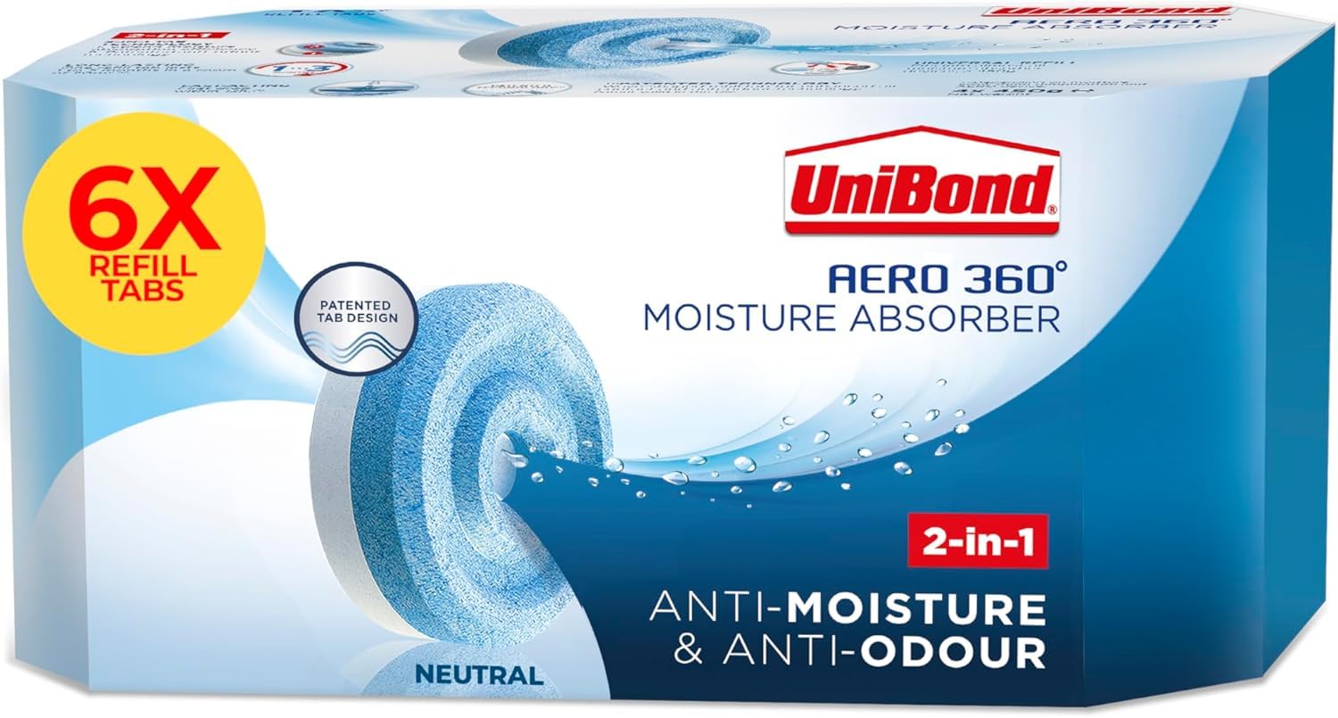UNIBOND Aero 360° Moisture Absorber Neutral Refill Tabs, Ultra-Absorbent and Odour-Neutralising for Aero 360° Dehumidifier, Condensation Absorber, Pack of 6 (6 x 450 g)