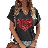 Earlymemb Womens Lover Heart Graphic V Neck Shirt Valentines Funny Couple Matching Casual Short Sleeve Tee Tops