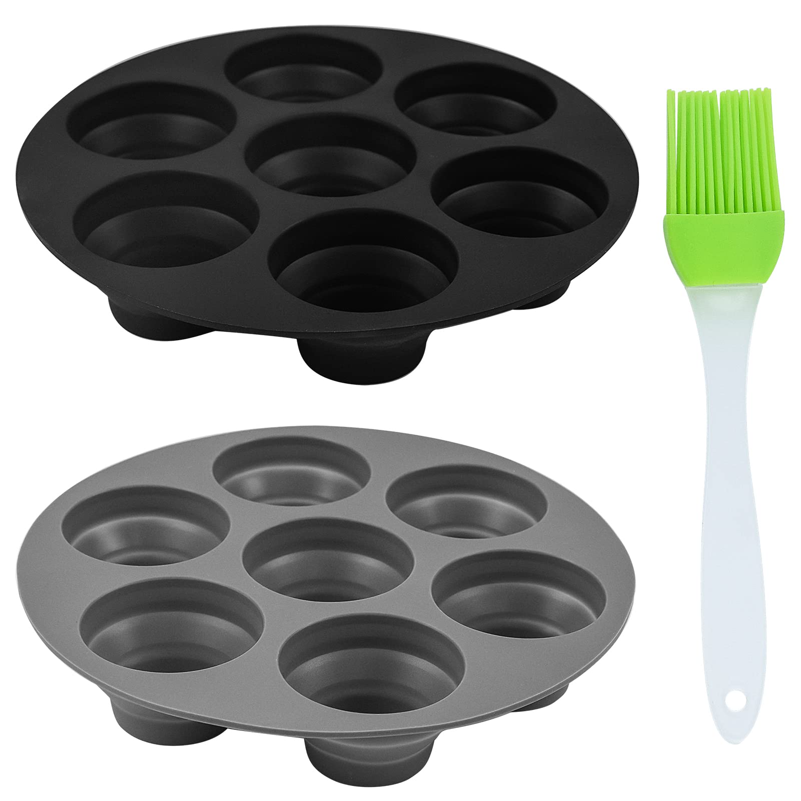 BEHAHAI 2pcs Silicone Muffin Pans with Brush,7 Cup Bun Tray Round Non Stick Baking Mould Air Fryer Cake Molds Cups Cupcake Moulds for Yorkshire Pudding Baking（Black,Grey）