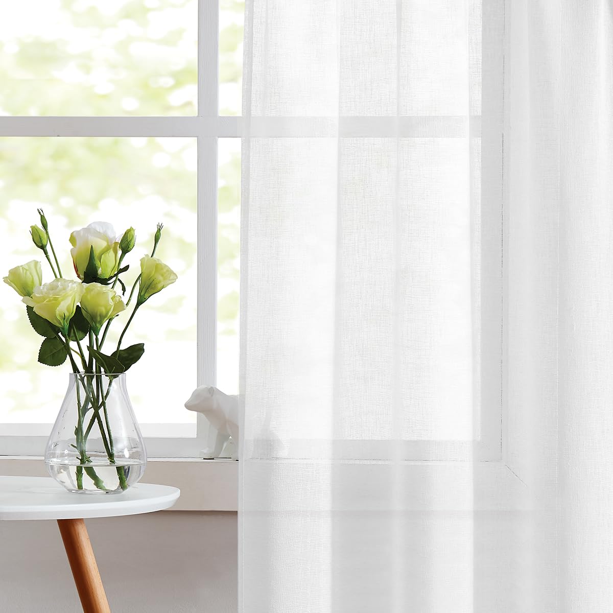 Bujasso White Linen Textured Semi Sheer Curtains 48 inch Elegant Vintage Window Drapes for Living Room Semi Transparent Light Filtering Curtains Set of 2 Panels Rod Pocket 55" Wx48 L,White