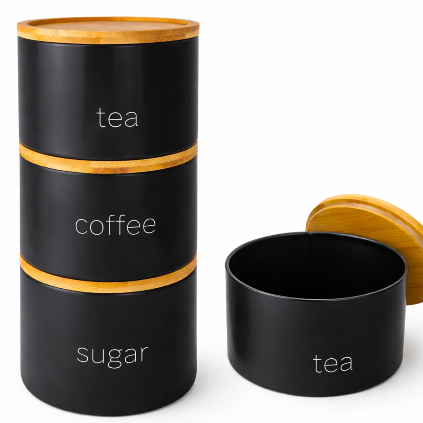 SAFRI 3 Pieces Jar with Wooden Lid Tea Coffee Sugar Canister Storage Container Bowl Pots Kitchen Storage Tins (Black)