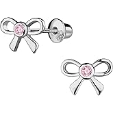 Cherished Moments Children's .925 Sterling Silver Pink Bow Screw Back Earrings for Babies, Little Girls, Kids and Toddlers