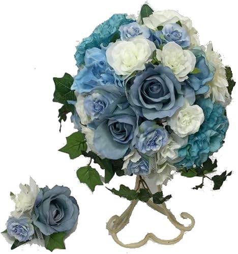 Amazon Co Jp 花職人の店 いるでぱいん ウエディングブーケ 造花 ブートニア セット アンティーク ブルー 白 の ラウンドブーケ バラ ダリア あじさい アイビー ブルー 白 ブライダルブーケ ウエディング ブライダル アートフラワー シルクフラワー ジュエリー