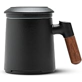 ZENS Tea Cup with Infuser and Lid for Loose Leaf Tea Steeper, 12oz Black Ceramic Tea Mug with Wood Handle for Tea Lovers Gifts