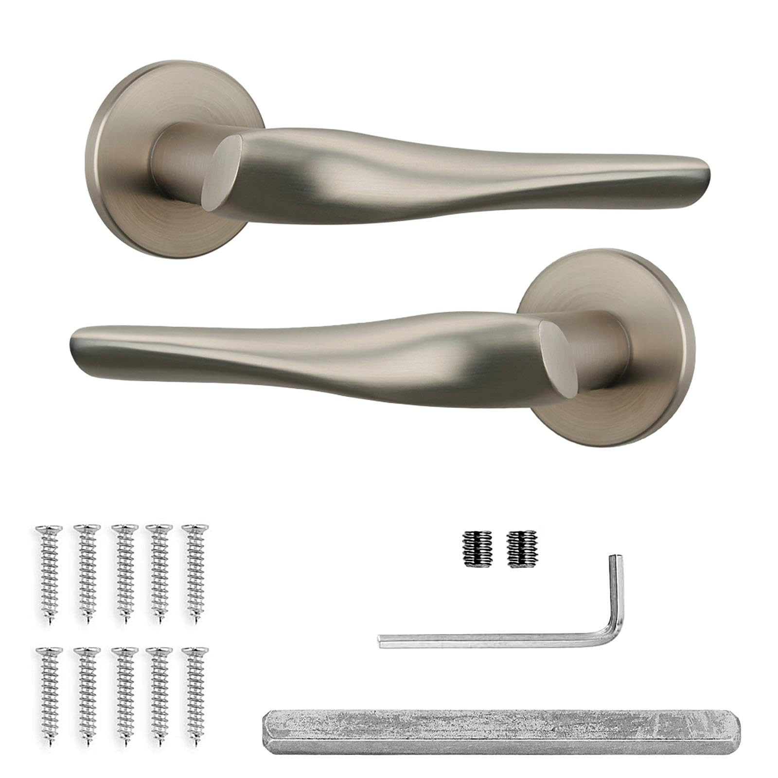 Decoranddecor Satin Nickel Door Handles Aluminium Door Handle Set Silver for Wooden Interior Doors - Bedroom & Bathroom - Nanda Range