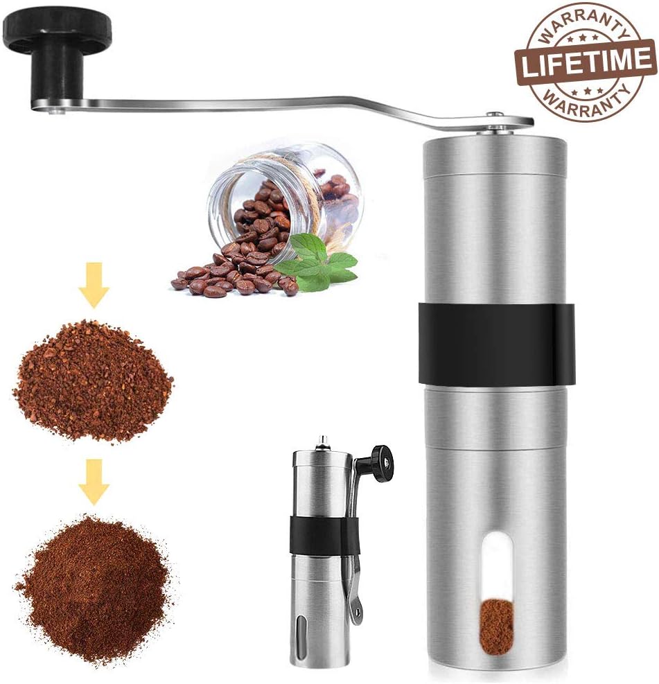 Manual Coffee Grinder, Portable Conical Ceramic Burr Mill Adjustable Grinder Hand Crank Brushed Stainless Steel Coffee Bean Grinder for Home or Travel