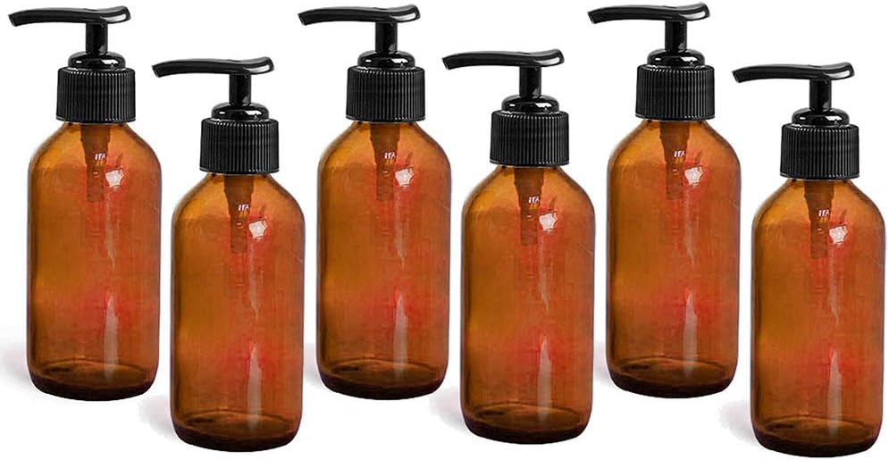 Royal Massage Boston Round Glass Bottle with Saddle Pump - Amber 4oz - Set of 6