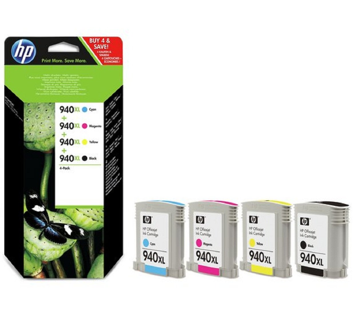 HP 940XL High Yield Original Ink Cartridges, Black, Cyan, Magenta and Yellow, Pack of 4