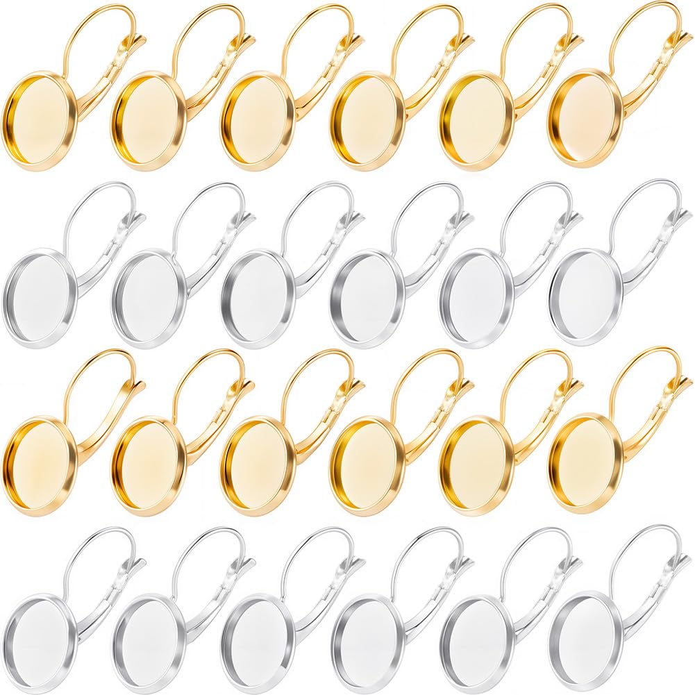 SUNNYCLUE 1 Box 40Pcs 304 Stainless Steel Earring Hooks Leverback Hoop Earrings Cabochon Setting 12mm Tray Gold Silver Flat Round Blank Bezel Earring Findings for Jewellery Making Earrings Supplies