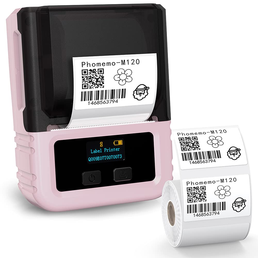 Phomemo Label Printer Machine - M120 Label Maker Machine, Wireless Mini Bluetooth Thermal Barcode Label Printer, Address, Labels, Postage Label Printer Compatible with Android & iOS, Pink