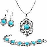 Myrish Boho Turquoise Long Pendant Necklace Set – 31" Chain with 2" Drop, Matching Earrings & 9" Toggle Bracelet – Southwestern Western Statement Jewelry for Women