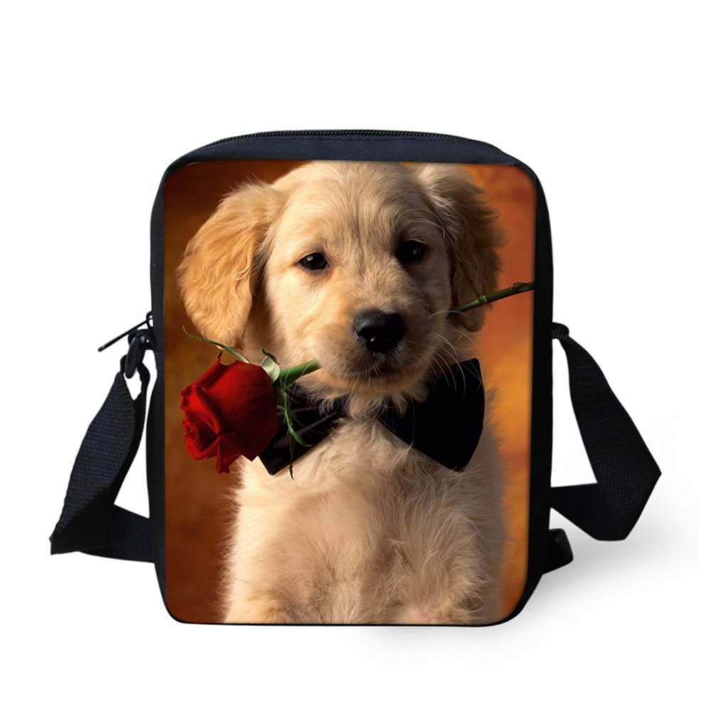 Woisttop Lovely Golden Retriever Rose Design Women Girls Sling Satchel Crossbody Messenger Bag