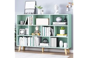 IOTXY Wooden Open Shelf Bookcase - 3-Tier Floor Standing Display Cabinet Rack with Legs, 10 Cubes Kids Bookshelf, Tiffany-Green