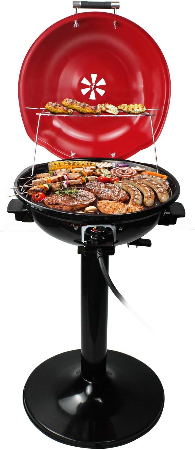 Electric BBQ Grill Techwood 15-Serving Indoor/Outdoor Electric Grill for Indoor & Outdoor Use, Double Layer Design, Portable Removable Stand Grill, 1600W (Stand BBQ Grills)
