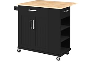 Yaheetech Rolling Kitchen Island Cart with Drop Leaf, Portable Rubberwood Breakfast Bar with Storage Cabinet, Open Shelves & Detachable Towel, 2 Drawers, Black