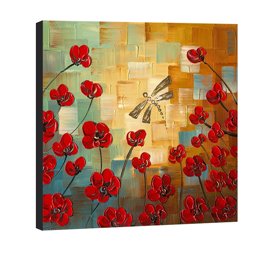 Wieco Art - Dragonfly Modern Flowers Artwork 100% Hand Painted Stretched and Framed Floral Oil Paintings on Canvas Wall Art Ready to Hang for Bedroom Kitchen Dining Room Home Decorations