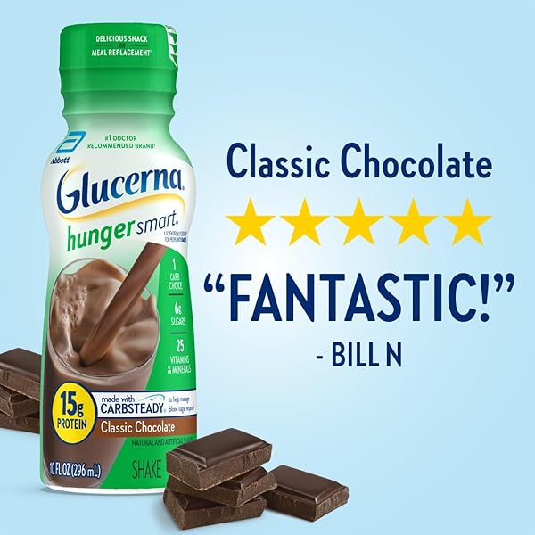 GLUCERNA HUNGER SMART SHAKE, DIABETIC DRINK TO SUPPORT BLOOD SUGAR MANAGEMENT, 15G PROTEIN, 180 CALORIES, CLASSIC CHOCOLATE, 10-FL-OZ BOTTLE, 6 COUNT