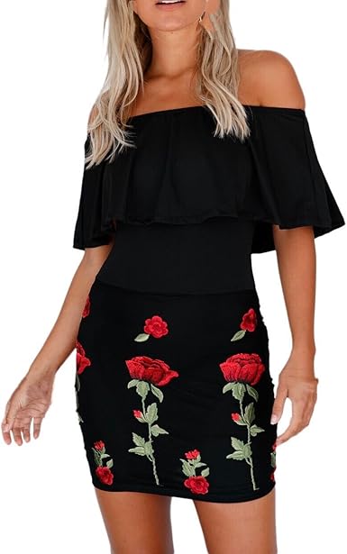 rose black multi embroidered bodycon dress