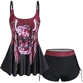Rosegal Womens Plus Size Skull Rose Wing Print Cinched Boyshorts Tankini Swimsuit Set