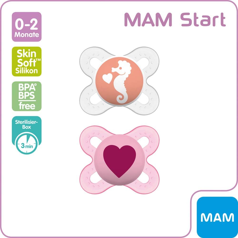 MAM "Skin Soft" Silicone Mini Dummy Start Especially for Premature and Newborns Extra Small // 0-2 Months Girl // Set of 2 // Includes Sterilised Transport Box & NIP Dummy Strap - Image 3