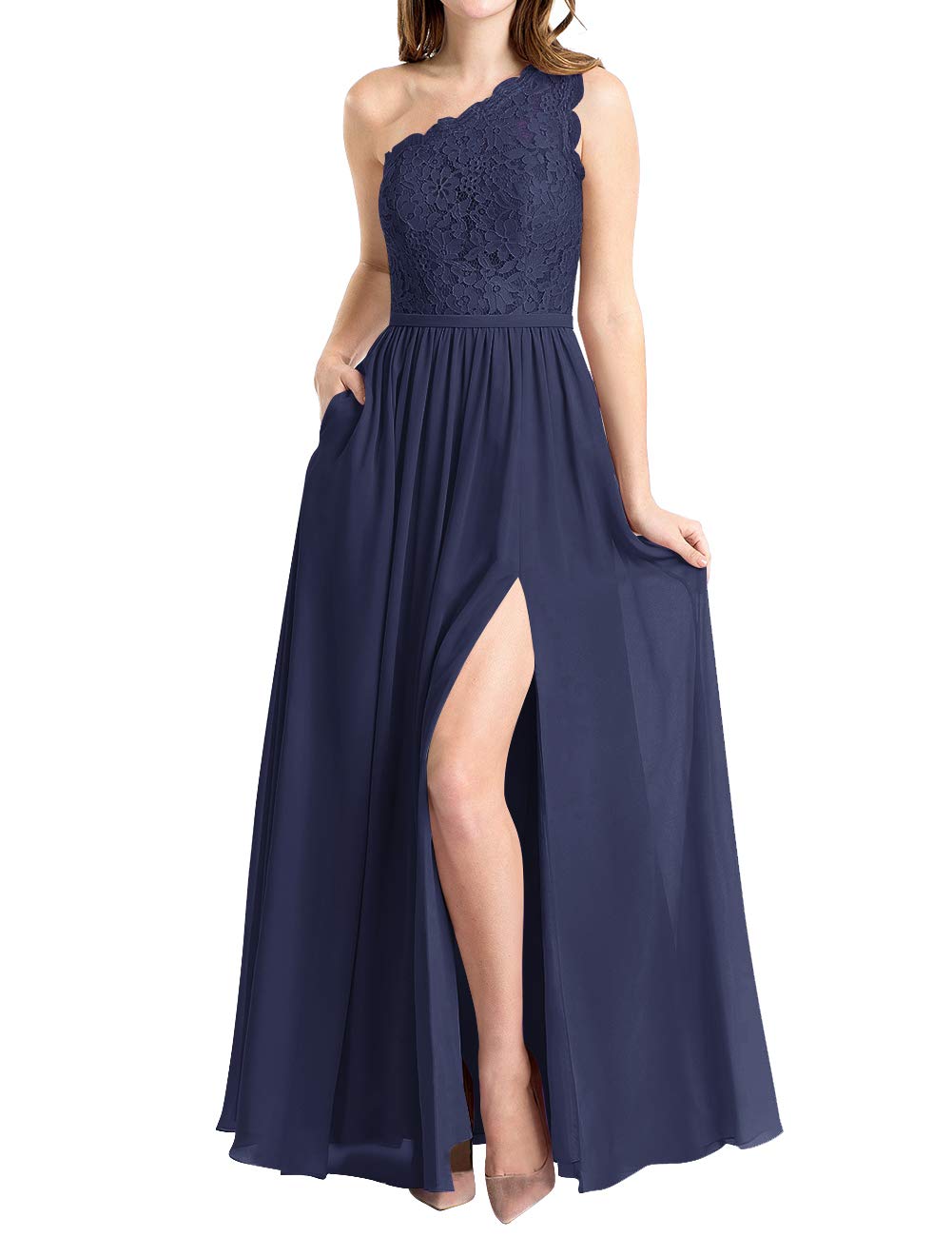 One Shoulder Bridesmaid Dresses Long Prom Evening Dress Split Lace