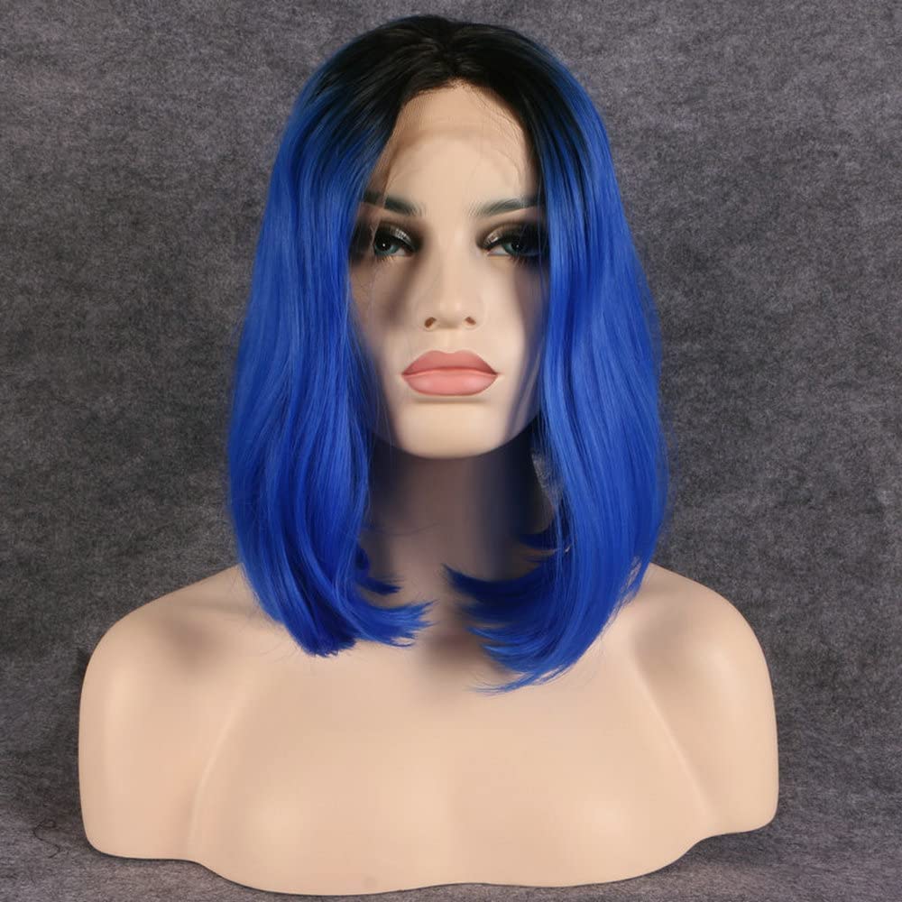 xiweiya Black/Blue Lace Front Wigs Short Silky Straight Colored13x3 Hand Tied Lace Glueless Natural Hair Line 150% Density Royal Blue Heat Resistant Fiber Hair Wigs for Women Cosplay Wig