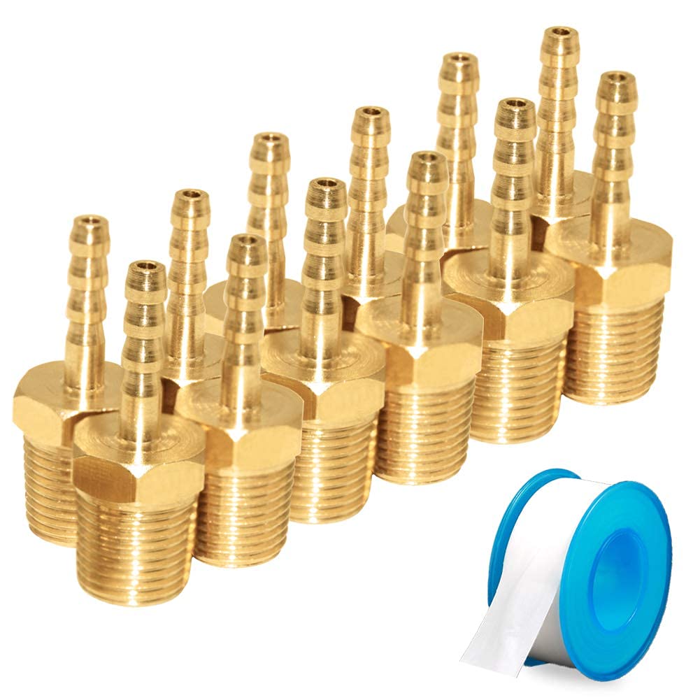JoyTube 12 Pcs Hose Barb Fittings 1/8" Barb to 1/4" NPT Male Thread Brass Metals Adapter connector with Teflon Tape