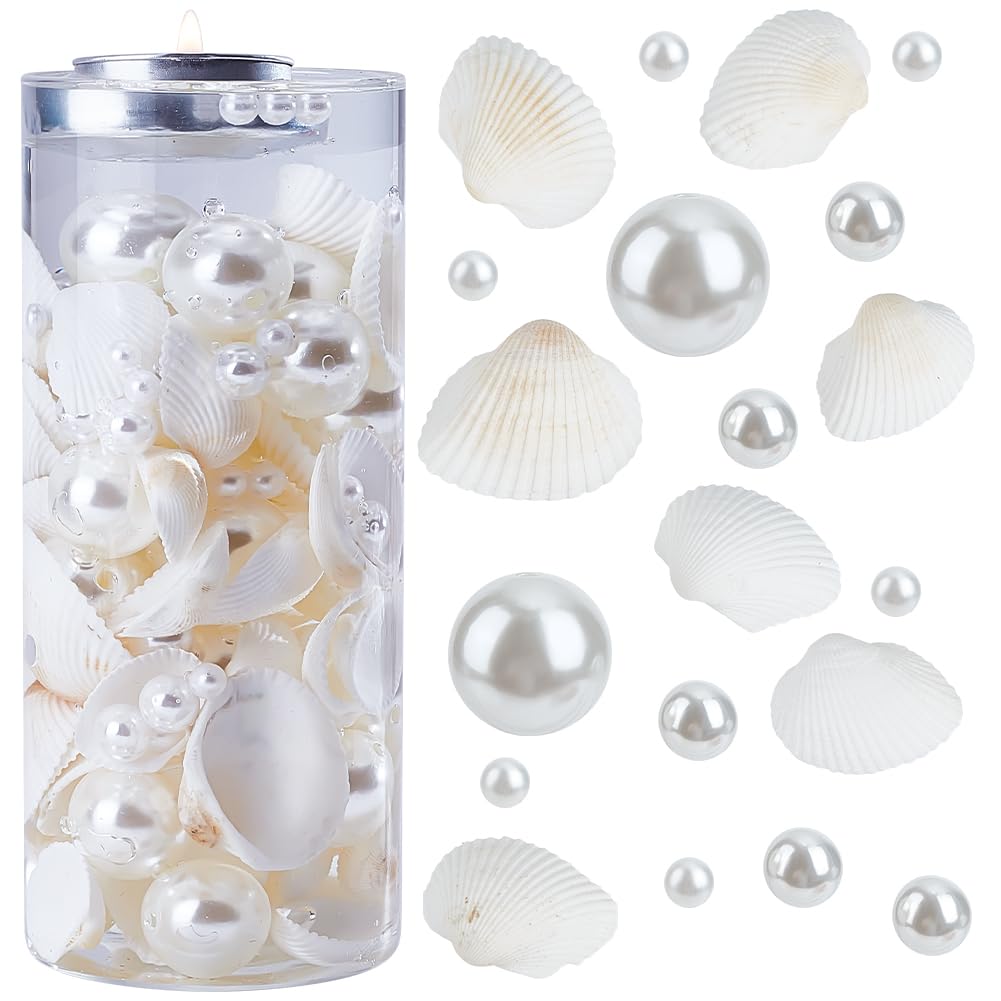 SUNNYCLUE 240Pcs Shell Vase Fillers Christmas Candle Filler Summer ABS Plastic Floating Faux Round Pearl Beads Seashell Valentine Wedding Holiday Centerpiece Bead Candles Filler for Party Home Decor