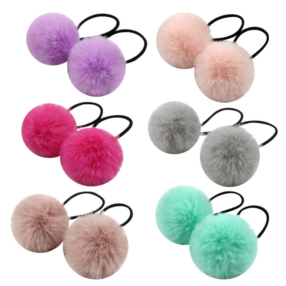 Lurrose 12 Pieces Pom Hair Ties Pompom Ball Elastic Hair Band Ball Fluffy Ponytail Holders Plush Hair Accessories for Women Lady Girls