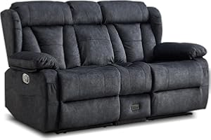 WISHDEER Loveseat Recliner Sofa, RV Recliner Couch, Manual Reclining Loveseat with Console for Living Room, Home Theater Seating with AC/USB C/USB and Drawer (Grey, Loveseat with Console)