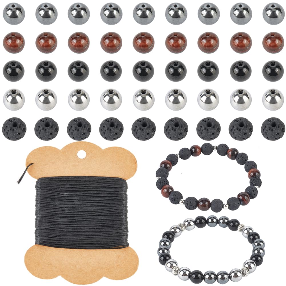 SUNNYCLUE 1 Box 250Pcs Black Bracelet Making Kit Natural Stone Beads Kit 8mm Round Hematite Synthetic Lava Rock Gemstone Tiger Eye Stones Beads for Jewellery Making Necklaces Bracelets Keychains Women