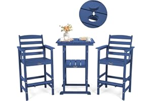 FUNBERRY Outdoor Bar Set with Umbrella Holes, Tall Adirondack Chairs and Table, All Weather HDPE Bar Height Outdoor Table and Chairs Set for Bistro Patio Balcony