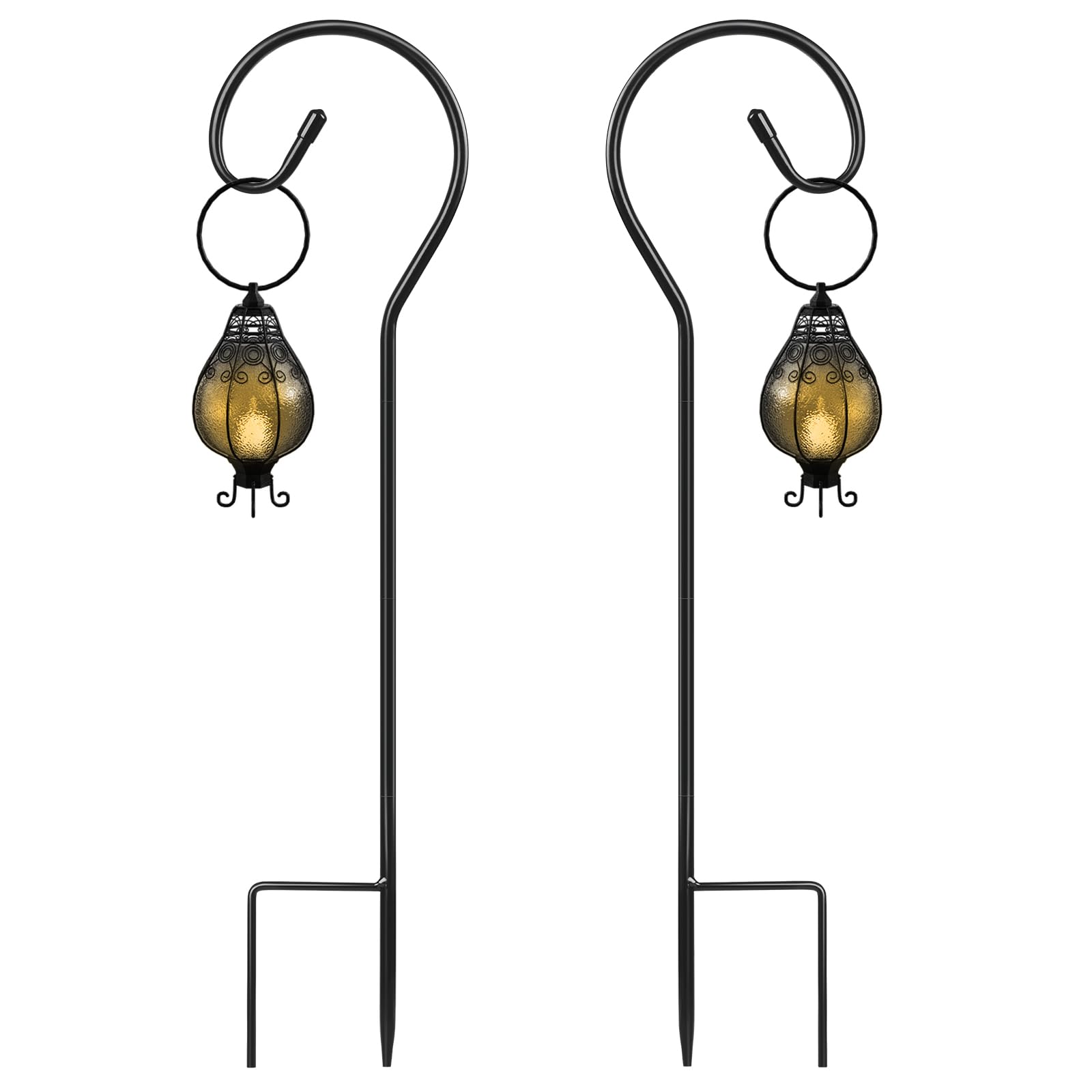 Shepherds Crook Hooks for Garden Lights, 80cm Shephreds Hook Garden Lantern Hooks with Metal Stake, Adjustable Height Festoon Pole Stand for Hanging Solar Lights, Plant Baskets, Black, Set of 2